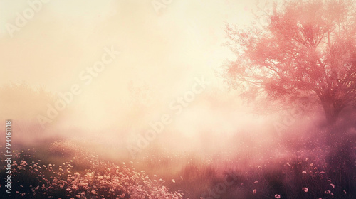A gentle mist of rose-colored particles wafts through a softly blurred landscape, imparting a sense of delicate romance. photo