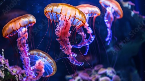 Visualize the serene beauty of jellyfish gracefully swimming in an aquarium, their translucent bodies gently pulsating as they glide through the water.  © Marry