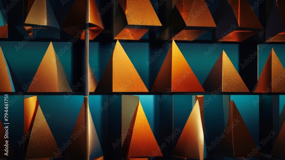 Obraz premium Abstract Geometric Pattern of Interlocking Triangles in Orange, Brown, and Teal
