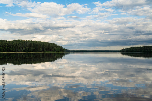 Scenic view of Sciuro Ragas peninsula, separating White Lakajai and Black Lakajai lakes. Picturesque landscape of lakes and forests of Labanoras Regional Park, Lithuania.
