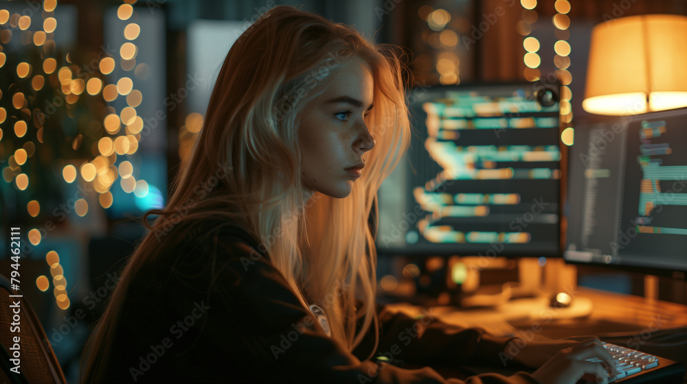Focused Female Programmer Coding into the Night Focused Female Programmer Coding into the Night