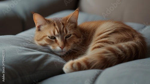 Orange Tabby Cat Resting on a Blue Pillow