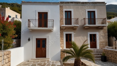 White And Stone Two-Story Houses With Balconies In A Greek Village