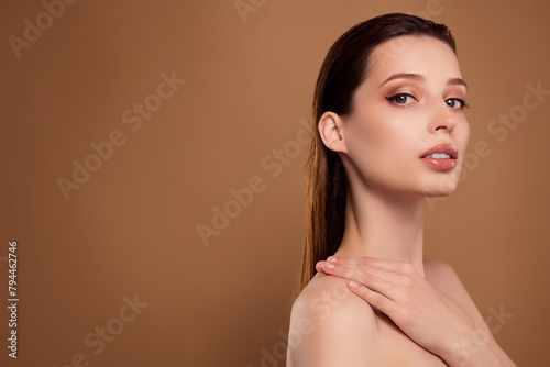 Photo of stunning cute woman nude shoulders enjoying shower empty space isolated beige color background