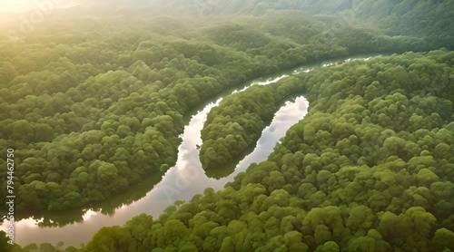A sinuous river winds its way through a lush green forest creating a dynamic and captivating scene A winding river through the heart of Amazon rainforest photo