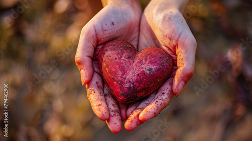 Soiled Hands Cradling a Heart-Shaped Beetroot photo