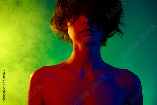 Photo of woman with brown hair cover close eyes isolated colorful gradient neon background