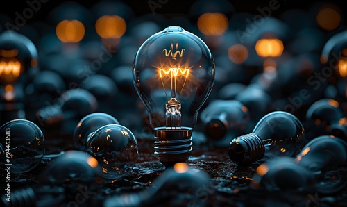 A single glowing lightbulb stands out among shut-off bulbs in a dark area, symbolizing creative thinking, problem-solving, and outstanding solutions