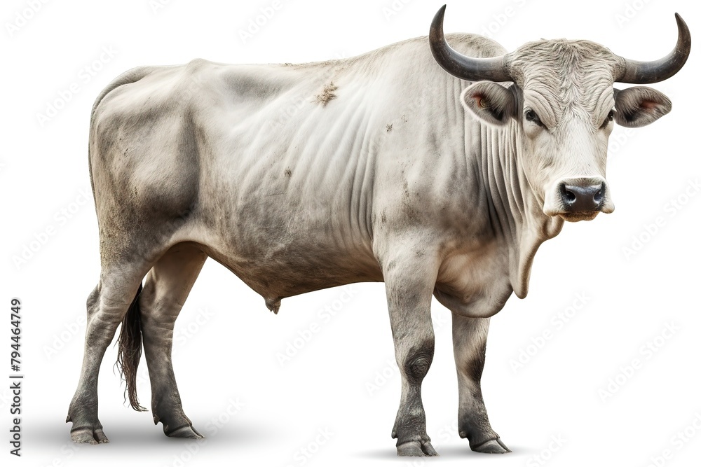 A white cow with horns stands in front of a white background A white cow with horns stands in front of a white background