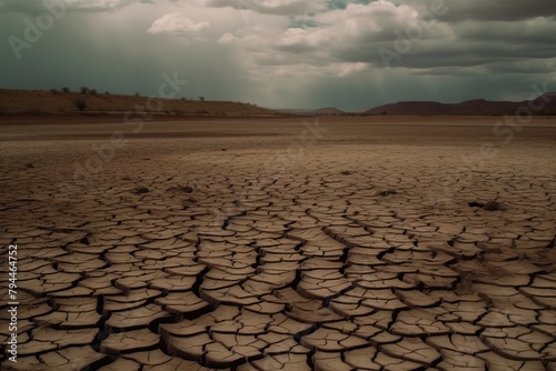 A dry, cracked desert landscape with a storm in the distance