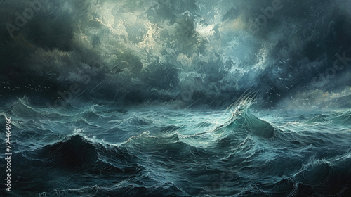 A painting depicting a boat battling turbulent waves in a stormy sea, capturing the intensity and power of nature photo