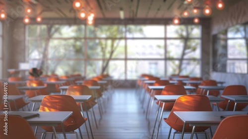 Empty defocused university classroom. generative ai. Business conference room. Blurred school classroom without students with empty chairs and tables photo
