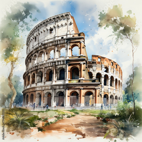 Watercolor colosseum, clipart Illustration, Generative Ai