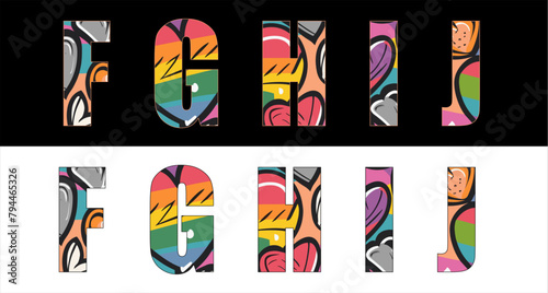 Vector lgbt font on background 
abstract pattern in rainbow colors.
Set of letters of english alphabet FGHIJ with
graffiti ornament of colorful hearts for
clothing, fabric, inscription on t shirt.