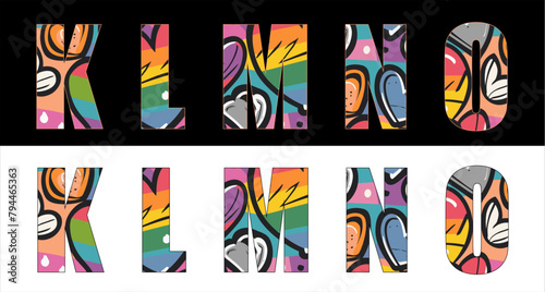 Vector lgbt font on background 
abstract pattern in rainbow colors.
Set of letters of english alphabet KLMNO with
graffiti ornament of colorful hearts for
clothing, fabric, inscription on t shirt.