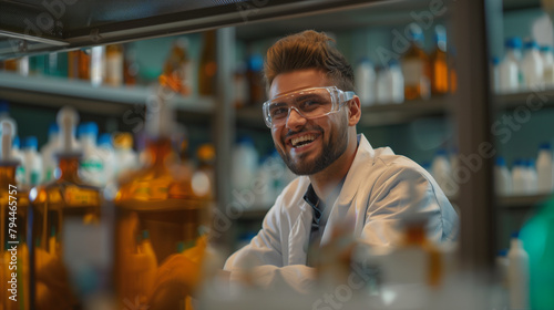 Happy young man wearing lab coat and protective goggles working in a pharmaceutical factory © Art-Park