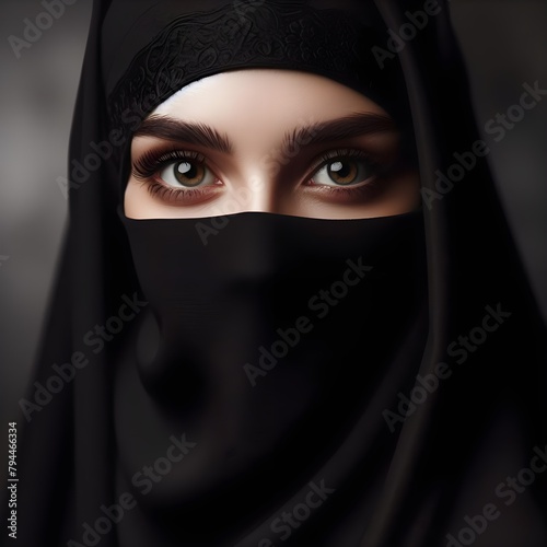 Close-Up Portrait of a Woman in a Black Niqab With Piercing Eyes Against a Dark Background