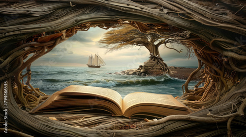 An open book rests on top of a jumble of branches, creating a contrast between nature and literature photo