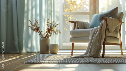 A cozy armchair draped with a blanket sits in a sunlit room, casting shadows on a soft rug. The large windows and greenery outside suggest a warm, relaxing atmosphere with plenty of natural light.