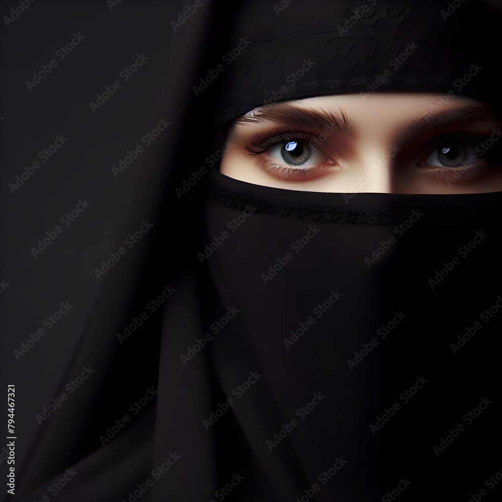 Close-Up Portrait of a Woman in a Black Niqab With Piercing Eyes Against a Dark Background Close-Up Portrait of a Woman in a Black Niqab With Piercing Eyes Against a Dark Background