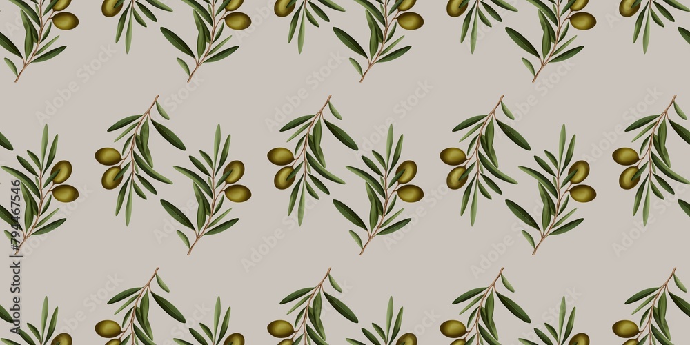 Naklejka premium Olive branch with leaves an olives summer spring seamless repeating pattern, green fresh minimalistic floral design element, floral line contour high quality illustration