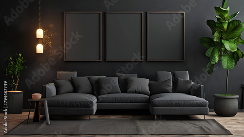 Living room with 3 three accent canvas square painting picture. Frames for art on a black wall. Gallery in dark colors with a gray sofa or couch. Rich exhibition mockup layout triptych photo