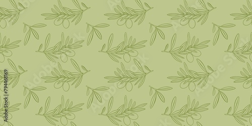 Olive branch with leaves an olives summer spring seamless repeating pattern  green fresh minimalistic simple floral design element  floral line contour high quality illustration