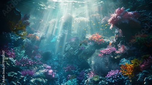 A surreal underwater scene, with colorful coral reefs teeming with marine life, illuminated by shafts of sunlight filtering down from the surface 8k wallpaper   © Love Muhammad