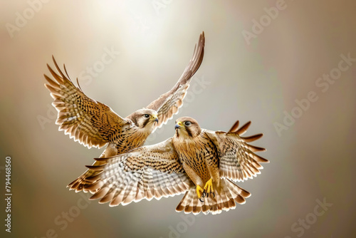Two falcons engage in a graceful aerial dance. © Hunman