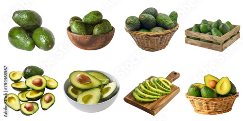 Set of avocado png mockup in 3d without backoground for decoration.