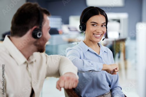 Call center, elbow bump and contact with team for communication, support and happy with hello and advice. Telemarketing, sales and partnership with CRM, telecom and customer service with greeting photo
