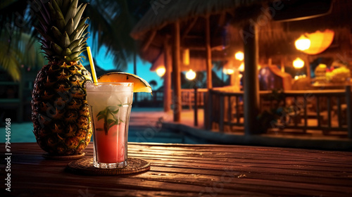 Alcoholic cocktail Pina Colada with pieces of pineapple on wooden counter on background of beach bar. Copy space. 