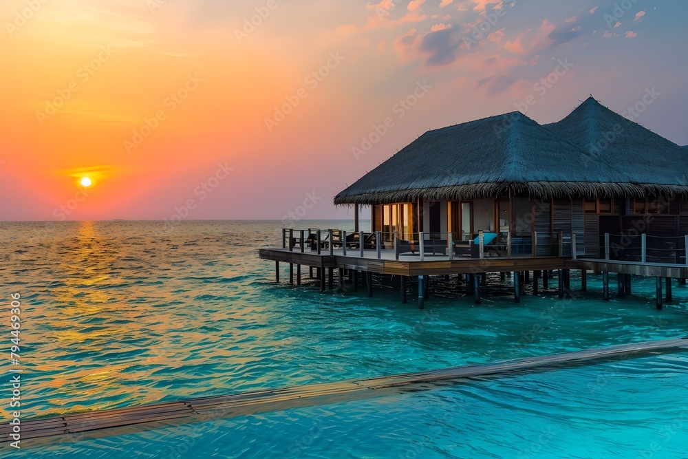 Overwater bungalow at sunset. Summer vacation and romantic travel concept. Luxury hotel resort. Design for travel brochure, poster, wallpaper.