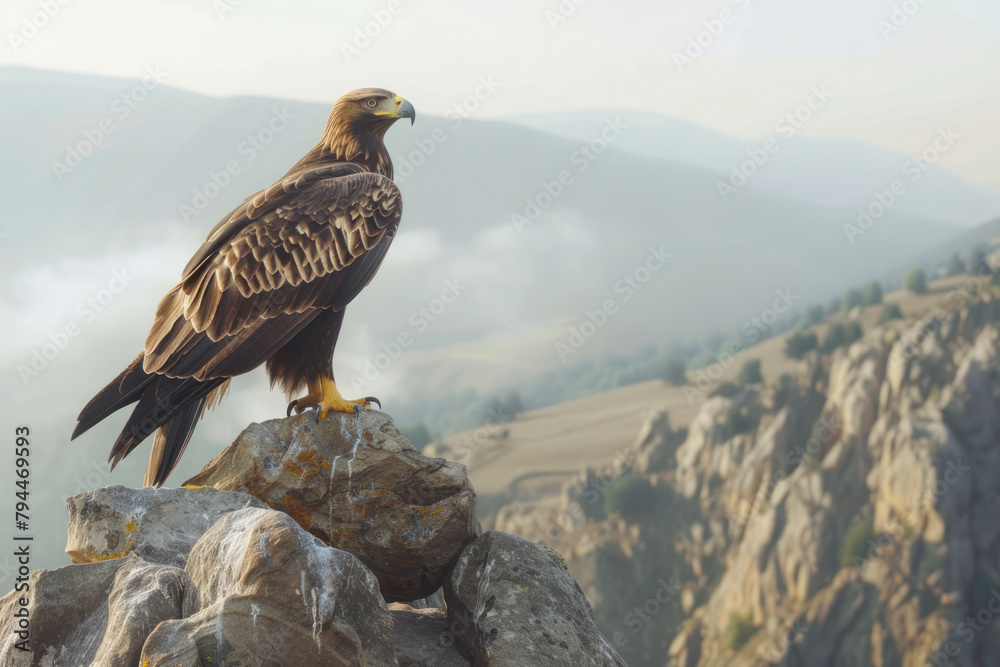 Fototapeta premium A golden eagle perches proudly on a rocky cliff.