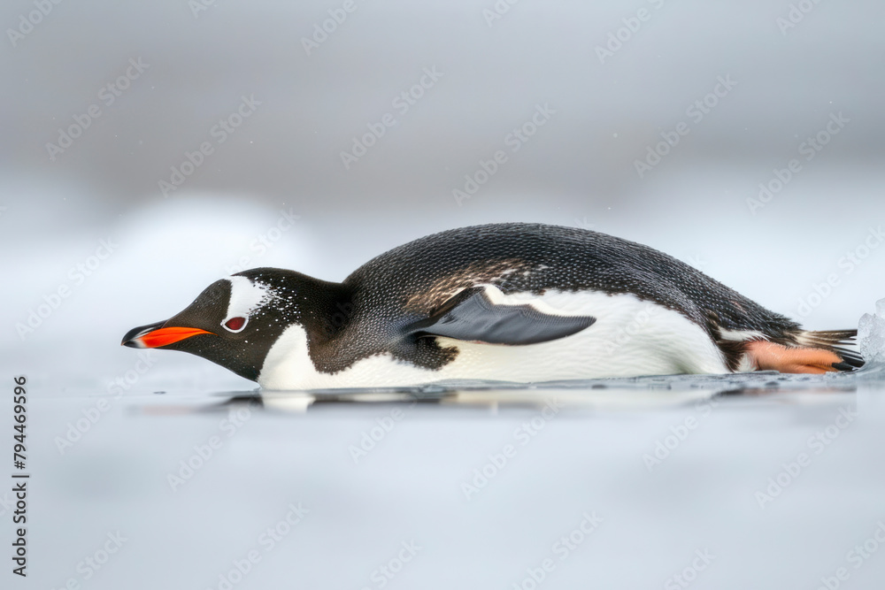 Fototapeta premium A gentoo penguin slides gracefully across the ice.