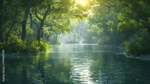 A tranquil river winding its way through a verdant forest  with sunlight dappling the water s surface through the canopy above 8k wallpaper  