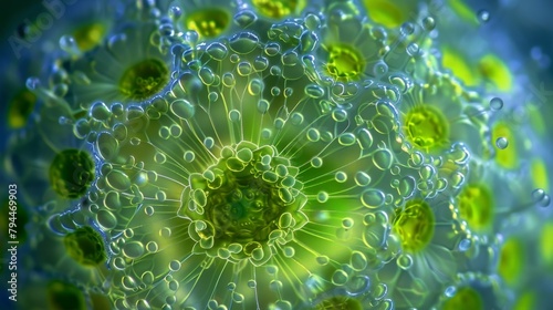 An image of a volvox a spherical green algae made up of thousands of cells connected by delicate strands creating a mesmerizing and photo