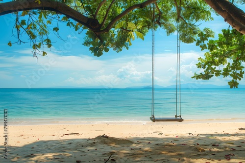 Empty swing under tree on tropical beach. Summer travel and relaxation concept. Design for poster, wallpaper, banner with copy space © dreamdes