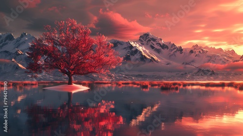 A tree in a lake with a red sky and snow covered mountains in the background wallpaper 