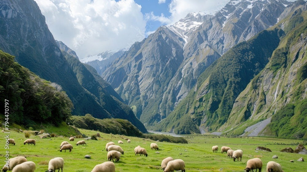 sheep grazing peacefully on lush green grass amidst the majestic mountains of New Zealand's North Island.