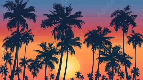 Silhouette of palm trees at tropical sunrise or sunset