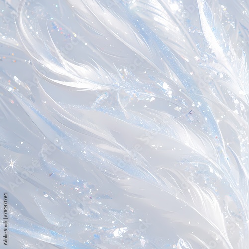 An enchanting close-up of a luminescent feather adorned with shimmering silver tinsel, capturing the essence of elegance and wonder.