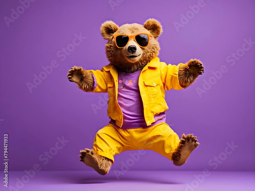 funny bear dancing jump with sunglasses purple background generative AI