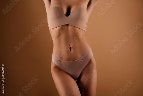 Cropped photo of girl with slim body feel comfort wear underclothes isolated pastel color background