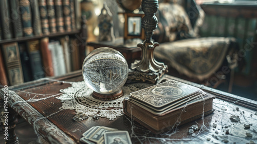 A dusty attic is adorned with cobwebs and antique furniture a crystal ball rests on a lace doily next to a stack of tarot cards. .