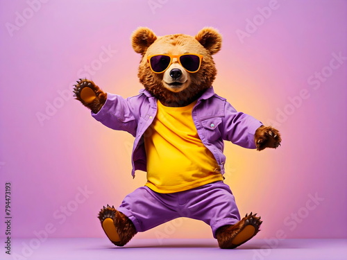 funny bear dancing jump with sunglasses purple background generative AI