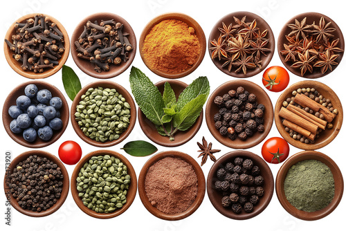 Fototapeta Naklejka Na Ścianę i Meble -  Spices and herbs in wooden bowls isolated on a transparent background