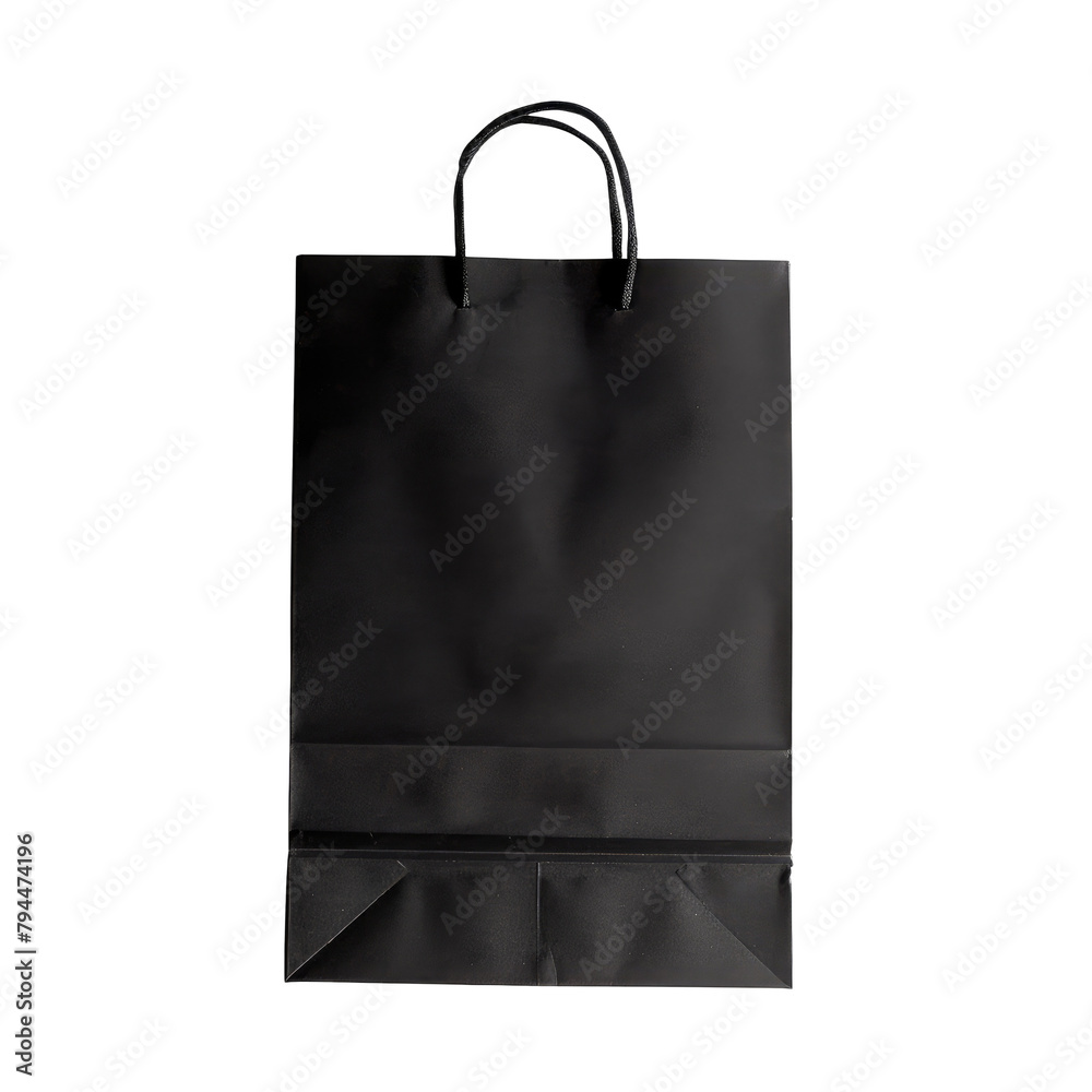 A single black paper shopping bag set against a transparent background captured from above with room for text A single black paper shopping bag set against a transparent background captured from above with room for text