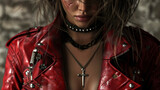 The Crimson Cowgirl stands at a crossroads her gaze fixed on the horizon. Her deep red leather jacket adorned with Gothic crosses and silver studs reflects her fierce .