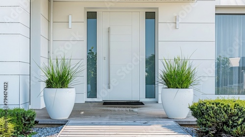 stylish suburban home entrance featuring a pot of grass and a wooden path in front of the front door
